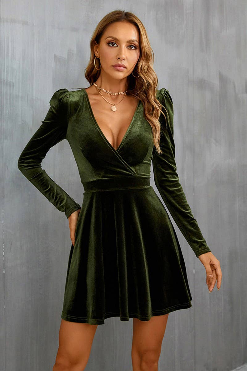 CWDSD6466_V-NECK LEG-OF-MUTTON SLEEVE A-LINE VELVET DRESS