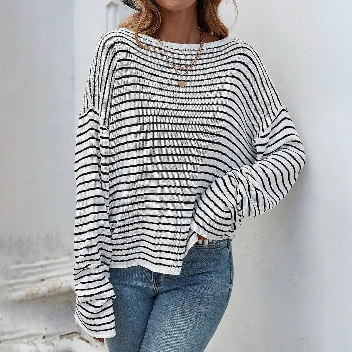 Striped long-sleeved sexy backless cross sweater