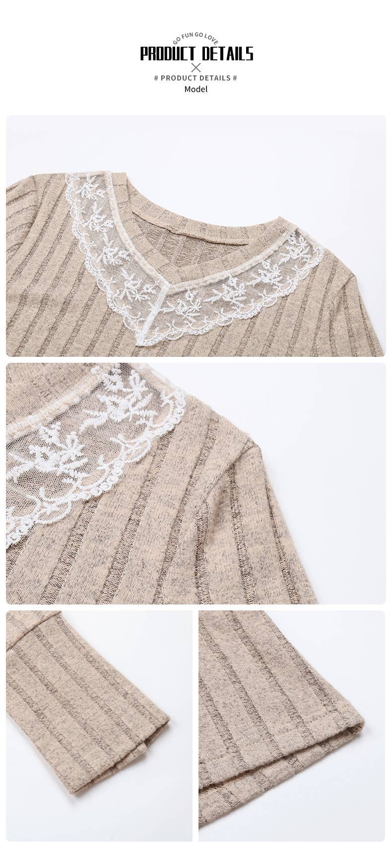 SLIM-FIT LACE PATCHWORK V-NECK PIT STRIP KNITWEAR