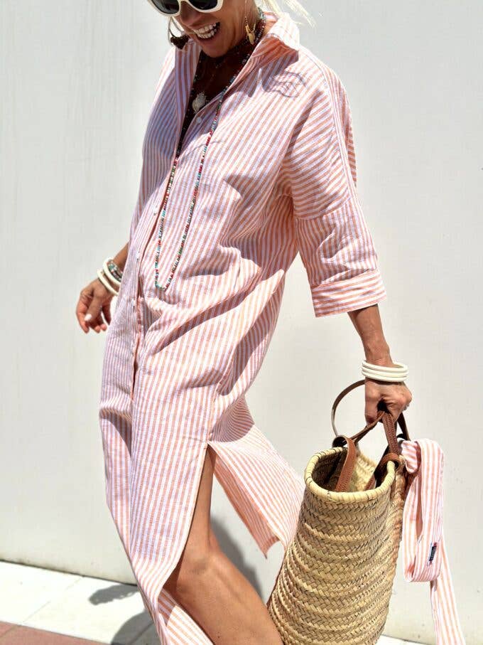 FIVE-QUARTER SLEEVE STRIPED SHIRT DRESS