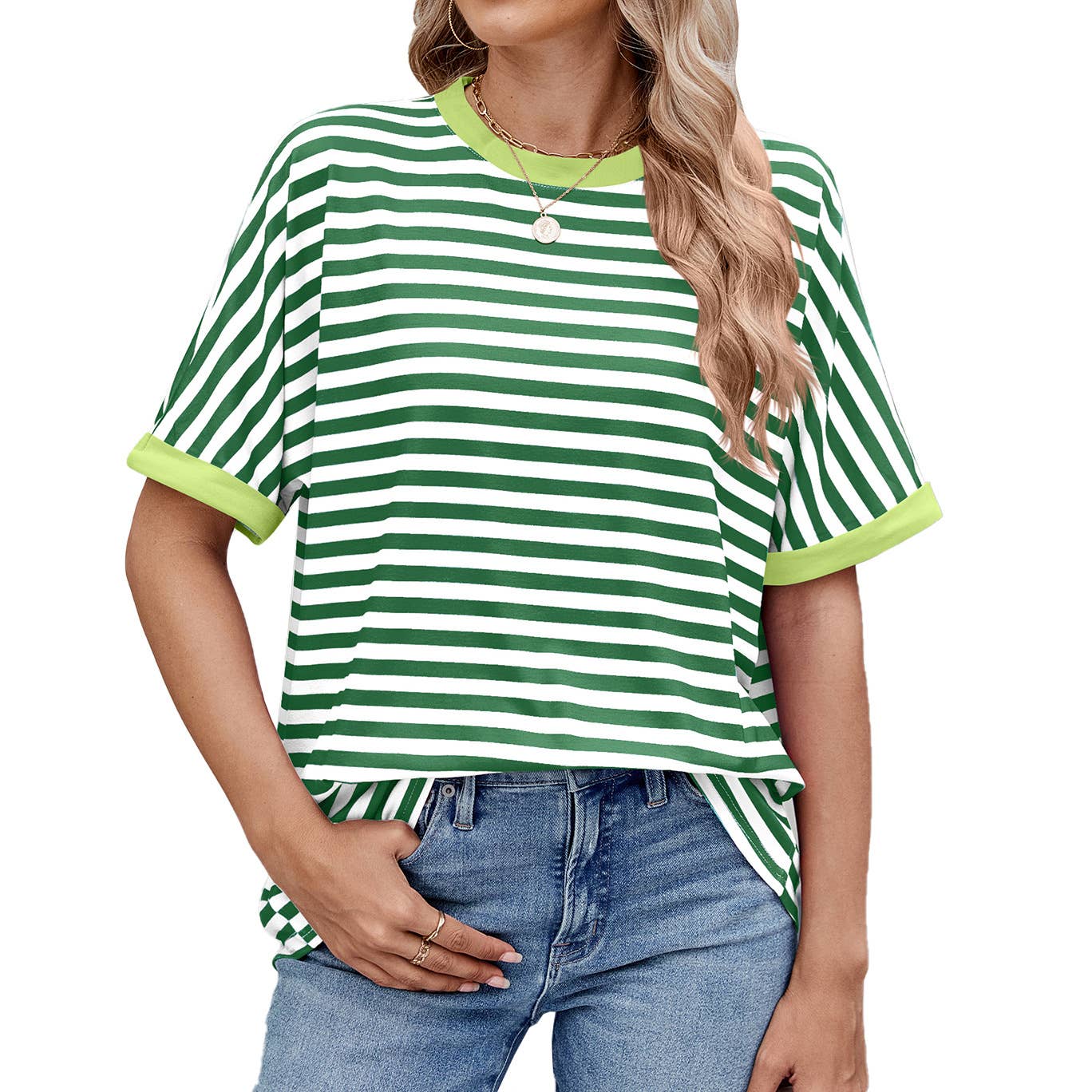 Round neck sleeved striped short-sleeved T-shirt