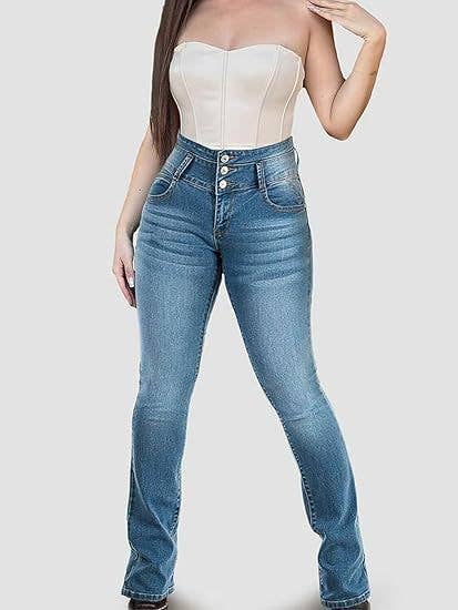 Three-button high-waisted flared stretch jeans