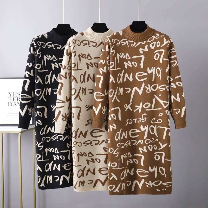 KNIT PULLOVER ALPHABET GRAFFITI WOOLEN DRESS