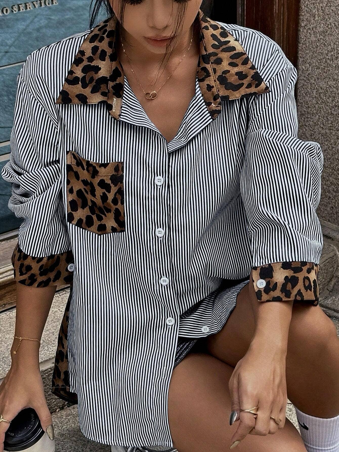 Fashionable leopard print patchwork loose shirt