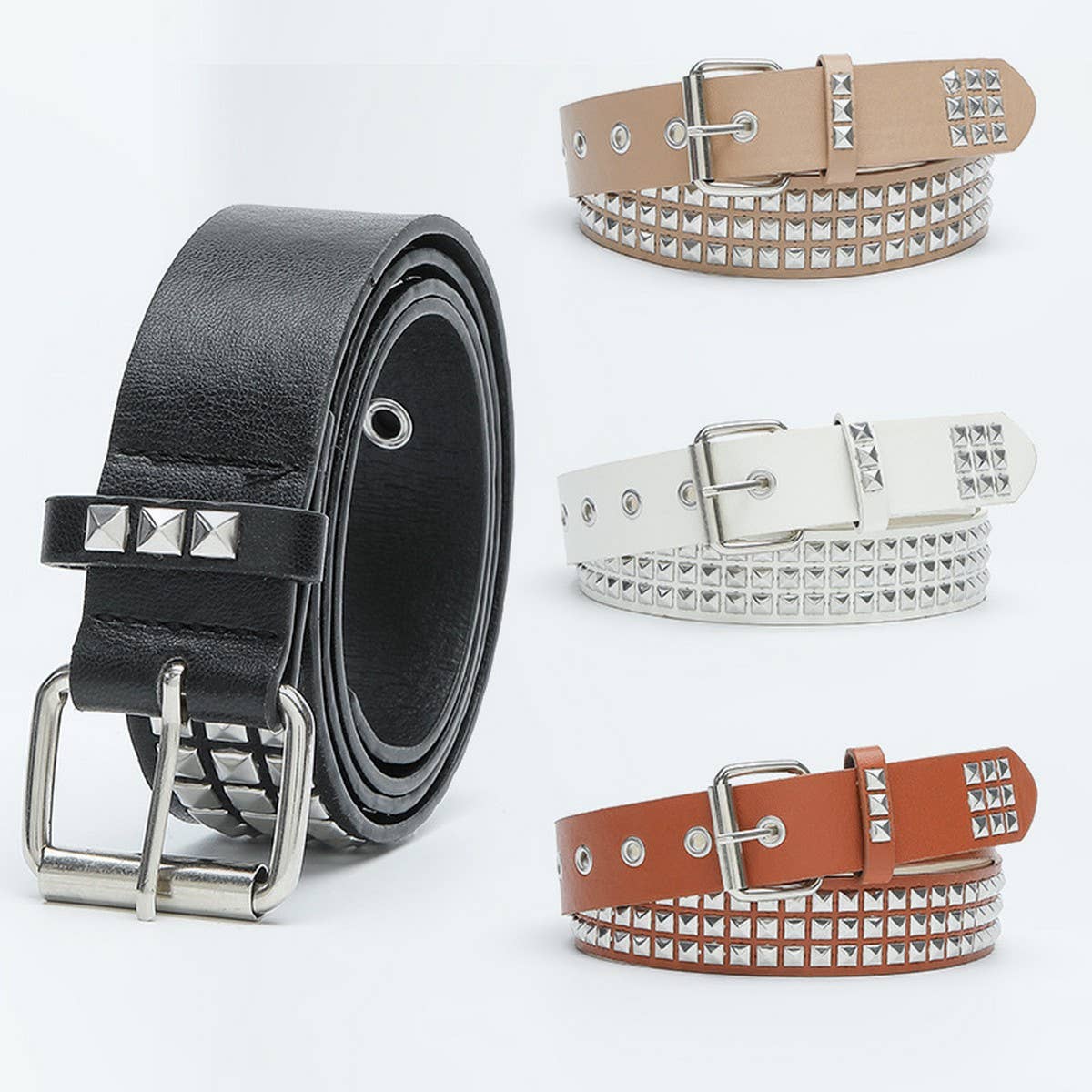 CWABE0374_SQUARE BEAD RIVET PYRAMID INLAID PUNK STYLE  BELT