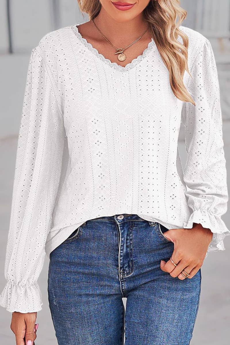 WOMEN LACE TRIM NECK EYELET LONG SLEEVE SHIRT TOP_CWTSTL0301