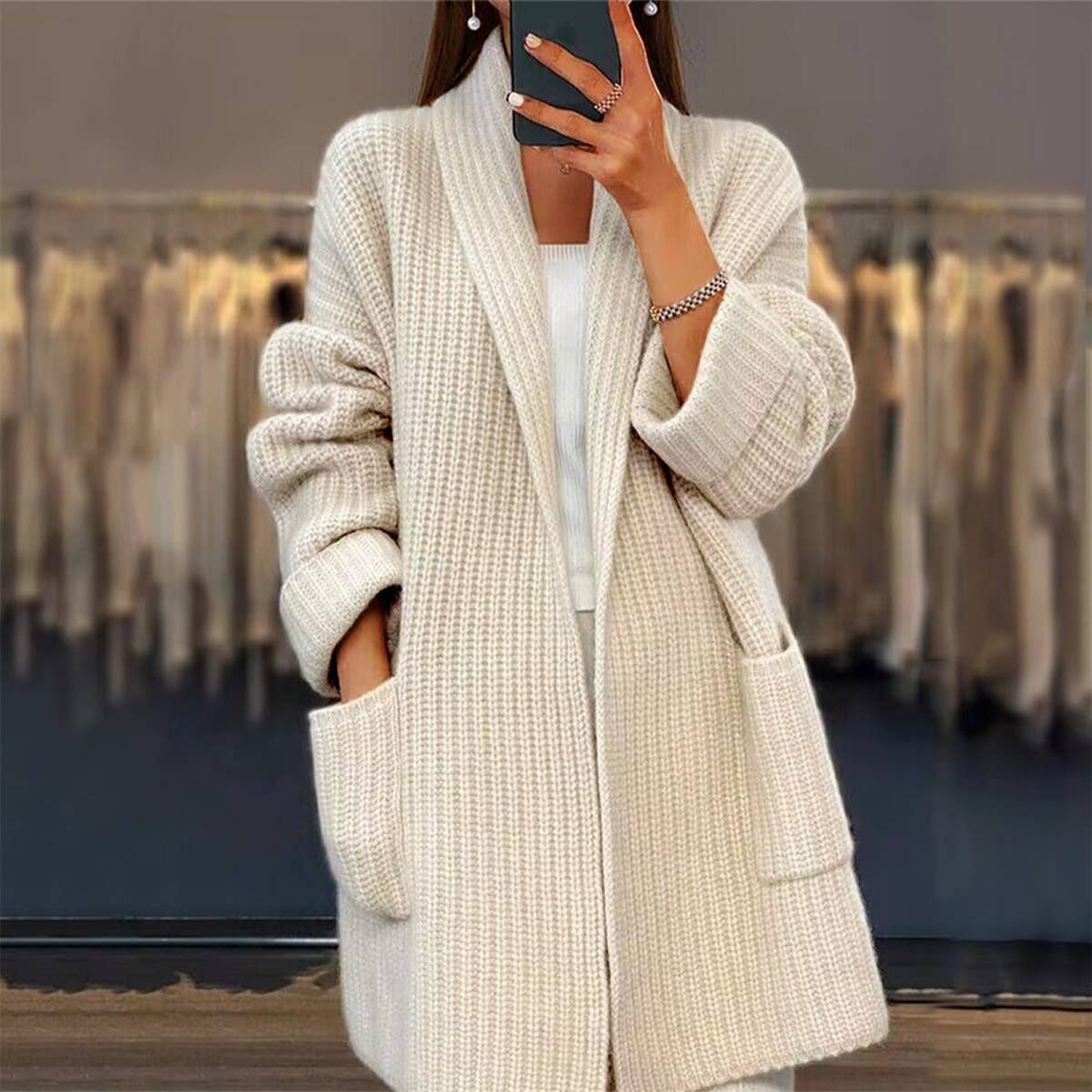 THICK SOLID COLOR V-NECK KNIT CARDIGAN SWEATER
