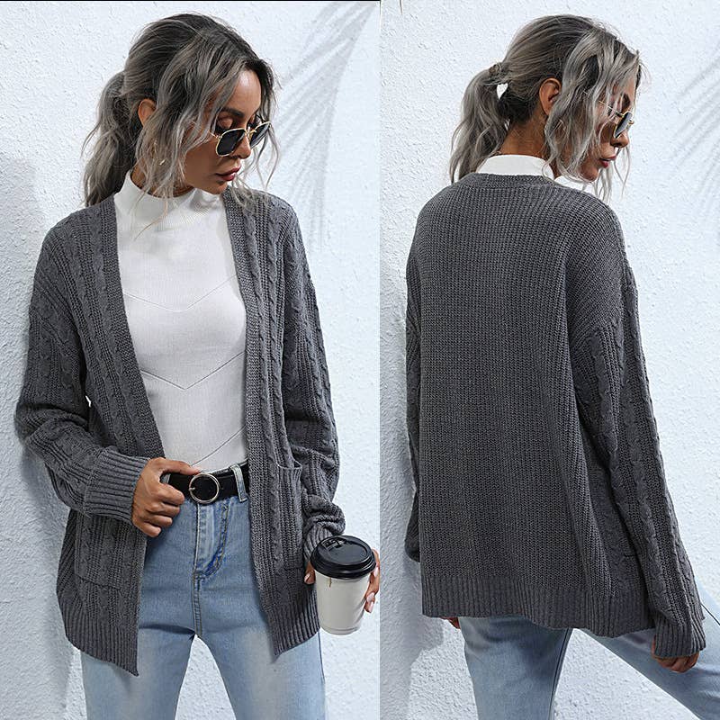 SOLID COLOR TWIST LOOSE UNBUTTONED KNIT CARDIGAN