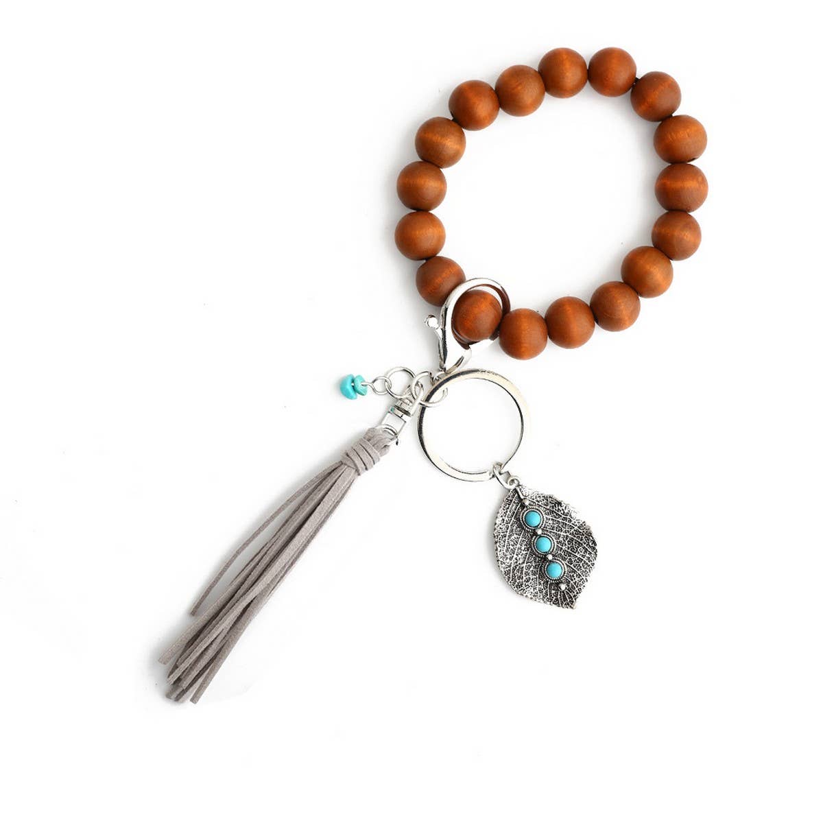 Boho Tassel Keychain with Leaf Charm and Wood Beads_CWAB5087
