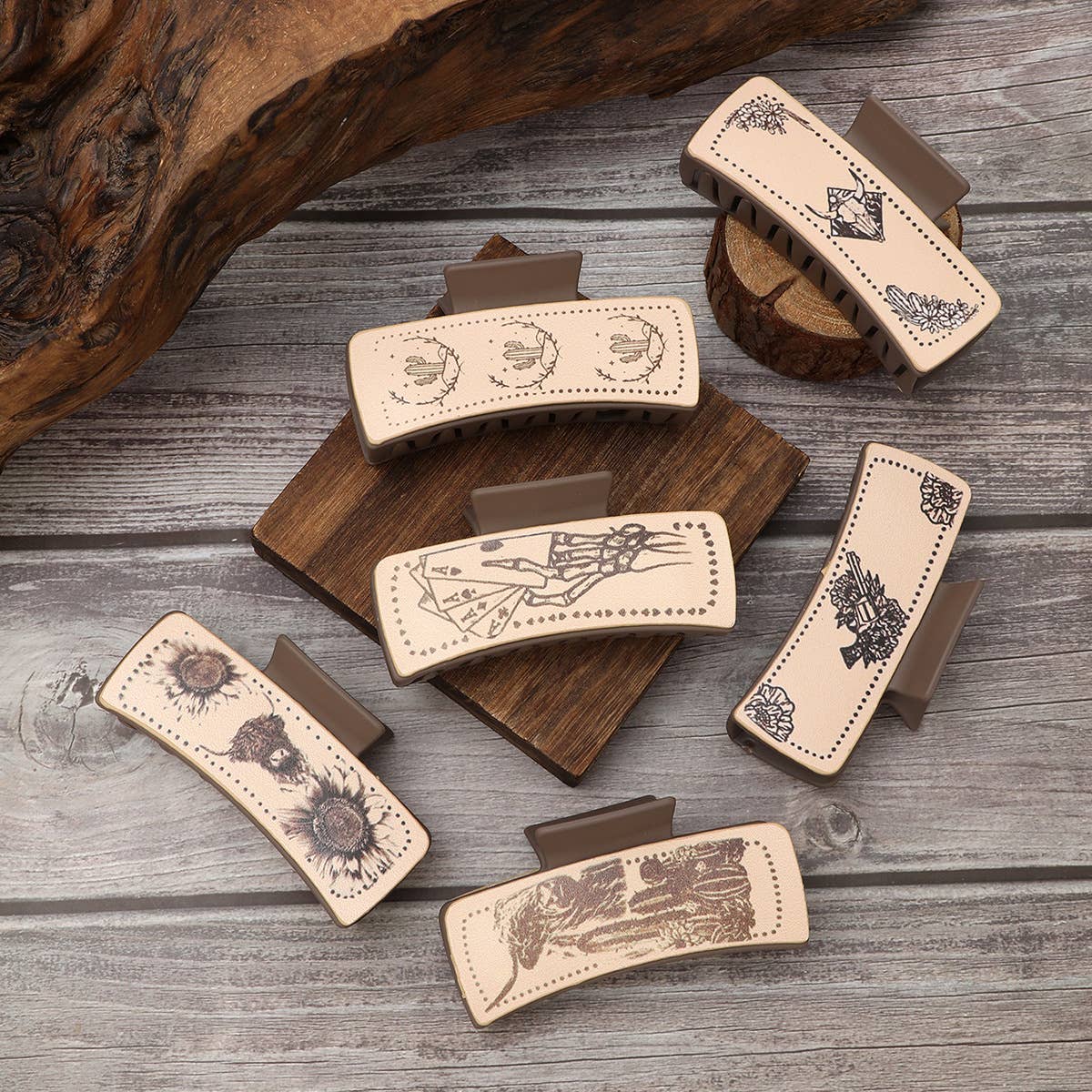 Western Bull Print Leather Hair Claw for Women