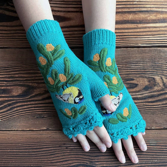 LONG WARM GLOVES WITH BIRD EMBROIDERY