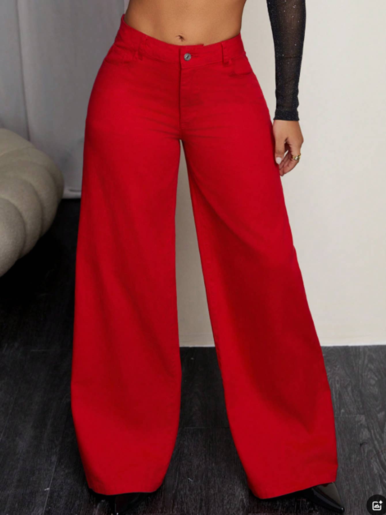 Solid color high-waisted loose denim trousers