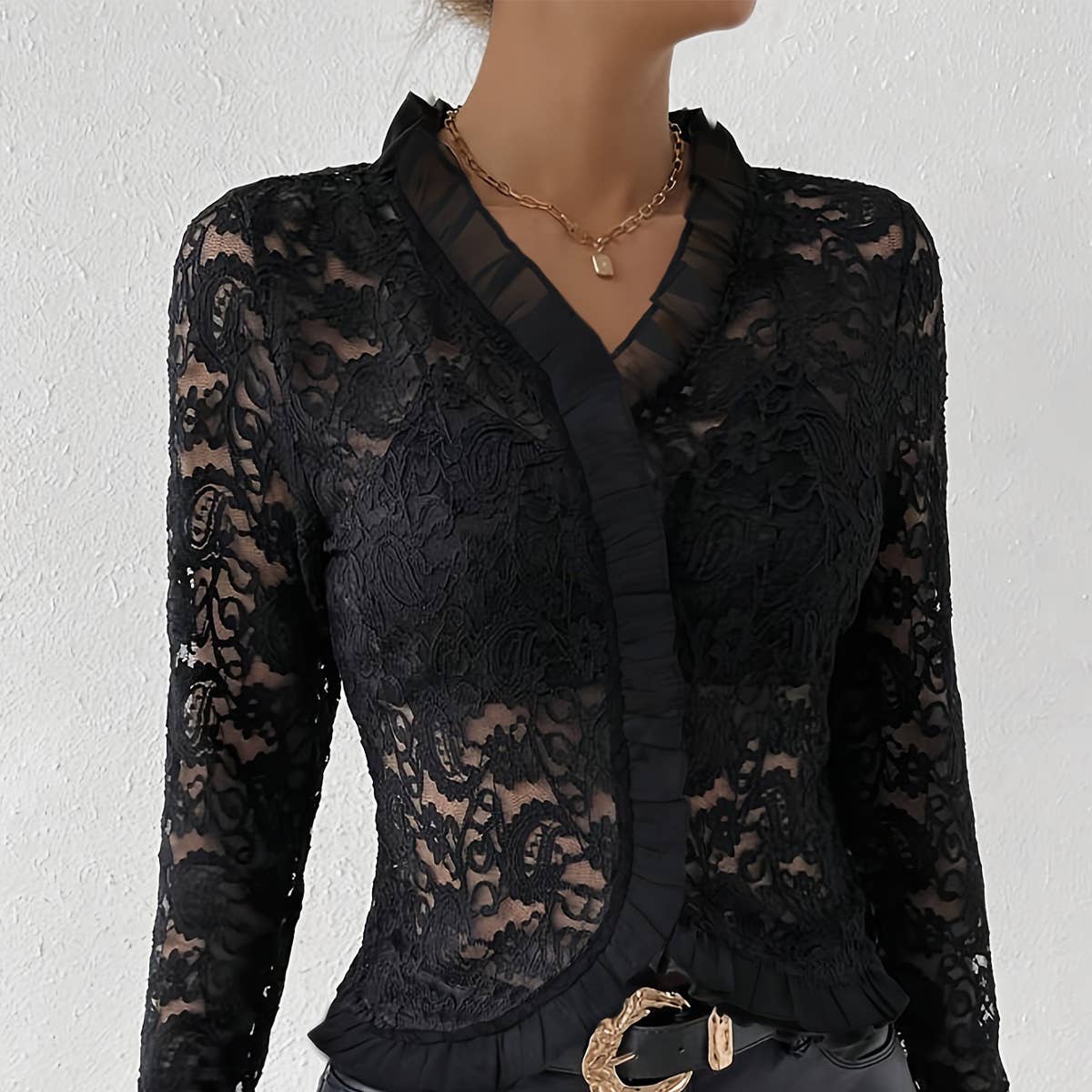 Ruffled single-layer cashew flower lace T-shirt