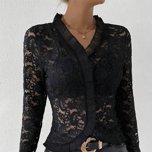 Ruffled single-layer cashew flower lace T-shirt