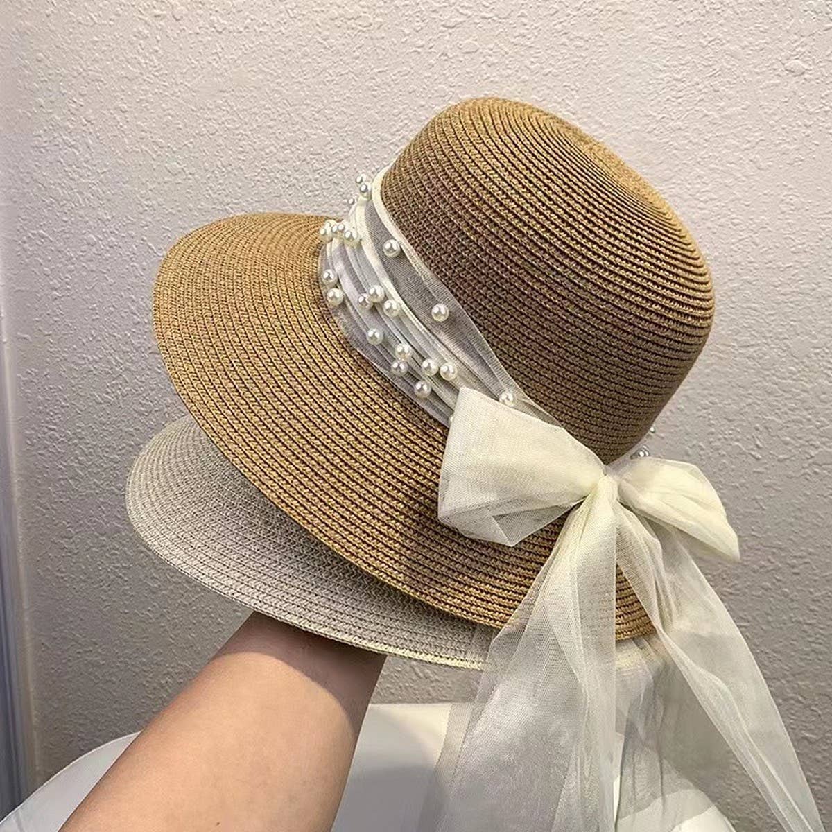 ELEGANT PEARL BOW TIE DECORATED STRAW HAT_CWAH1163