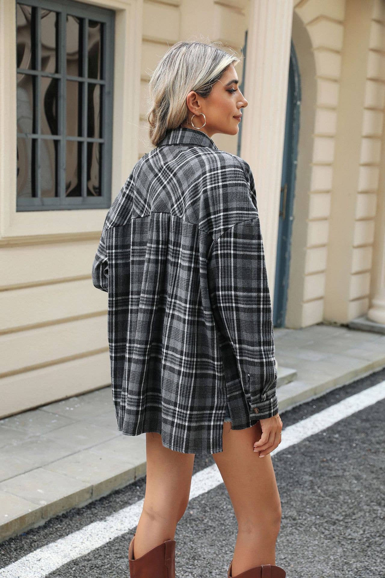 Lapel pocket check loose long-sleeved shirt