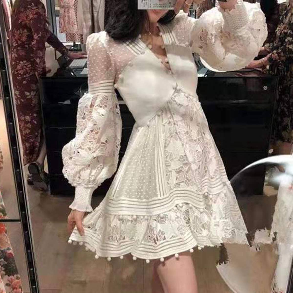 LONG SLEEVE V-NECK CUTOUT LACE DRESS
