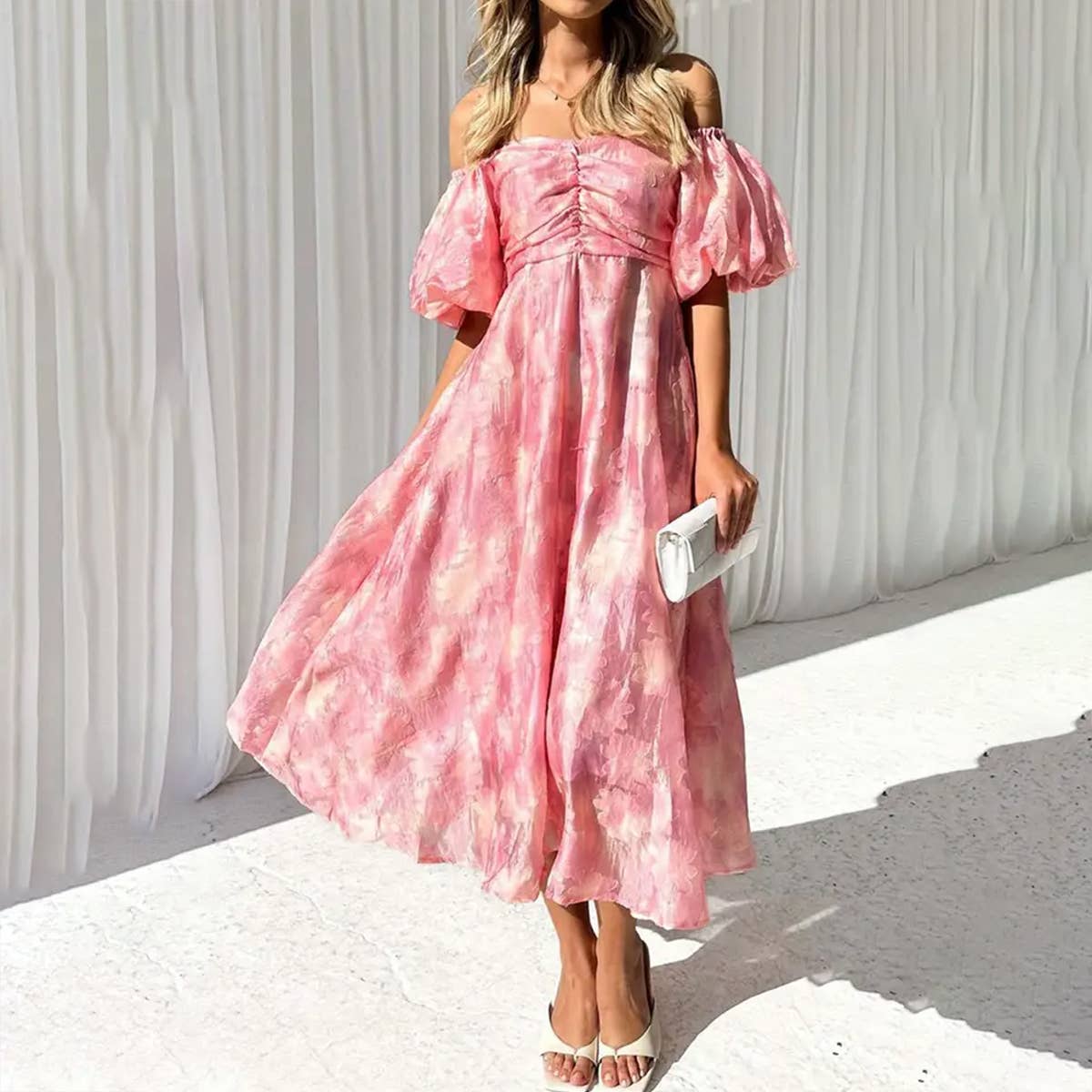 OFF THE SHOULDER SHORT SLEEVE FLORAL DRESS_CWDSD2975