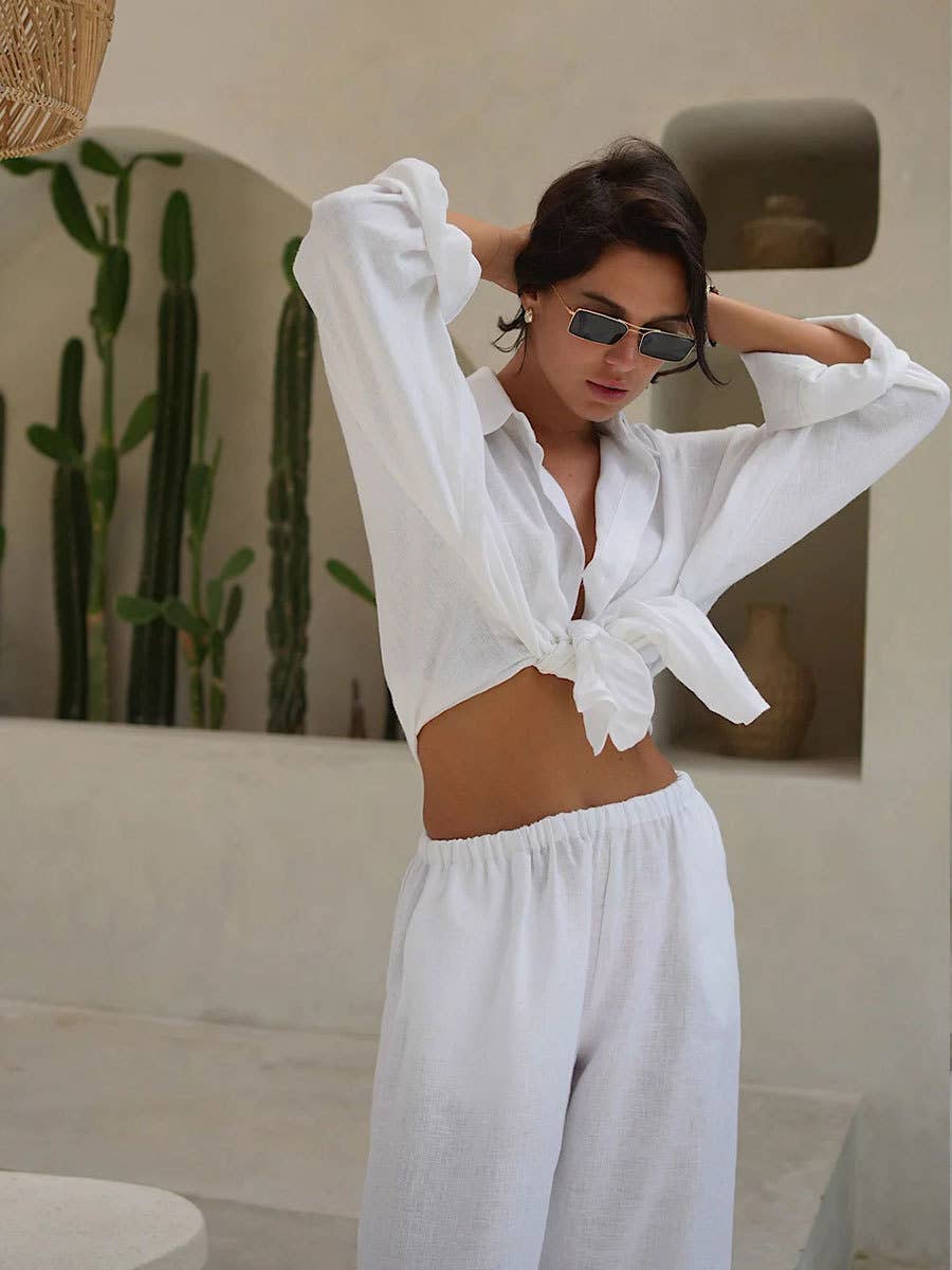 loose casual cotton shirt and wide-leg pants set