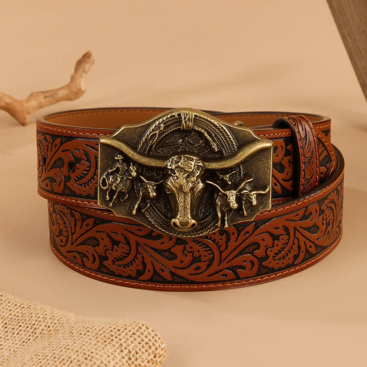 VINTAGE EMBOSSED BELT ENGRAVED BULL HEAD STYLE BELT