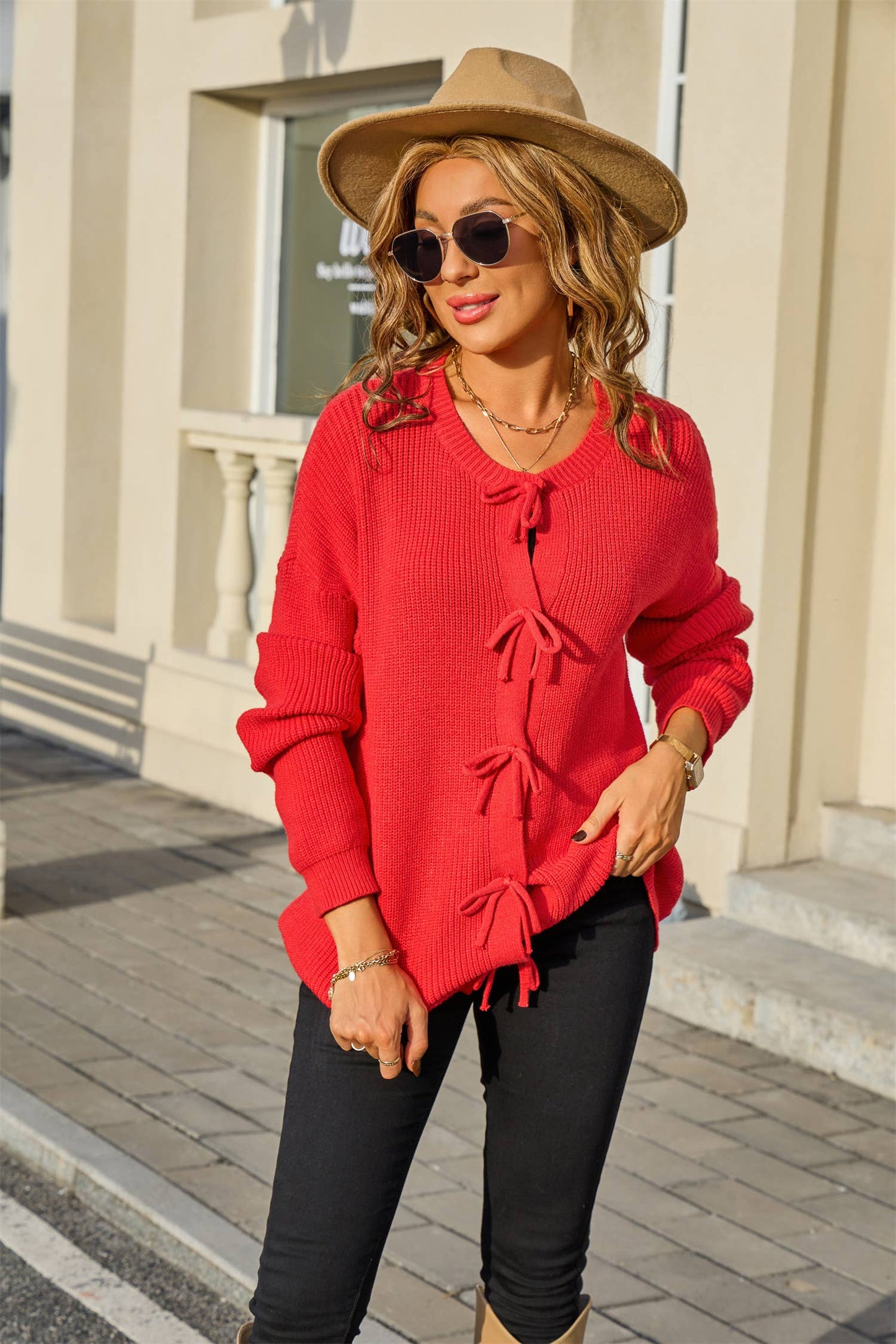 Round-neck solid-color knitted Cardigan