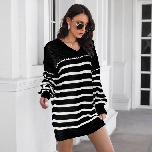 STRIPED V-NECK LONG-SLEEVED SWEATER DRESS