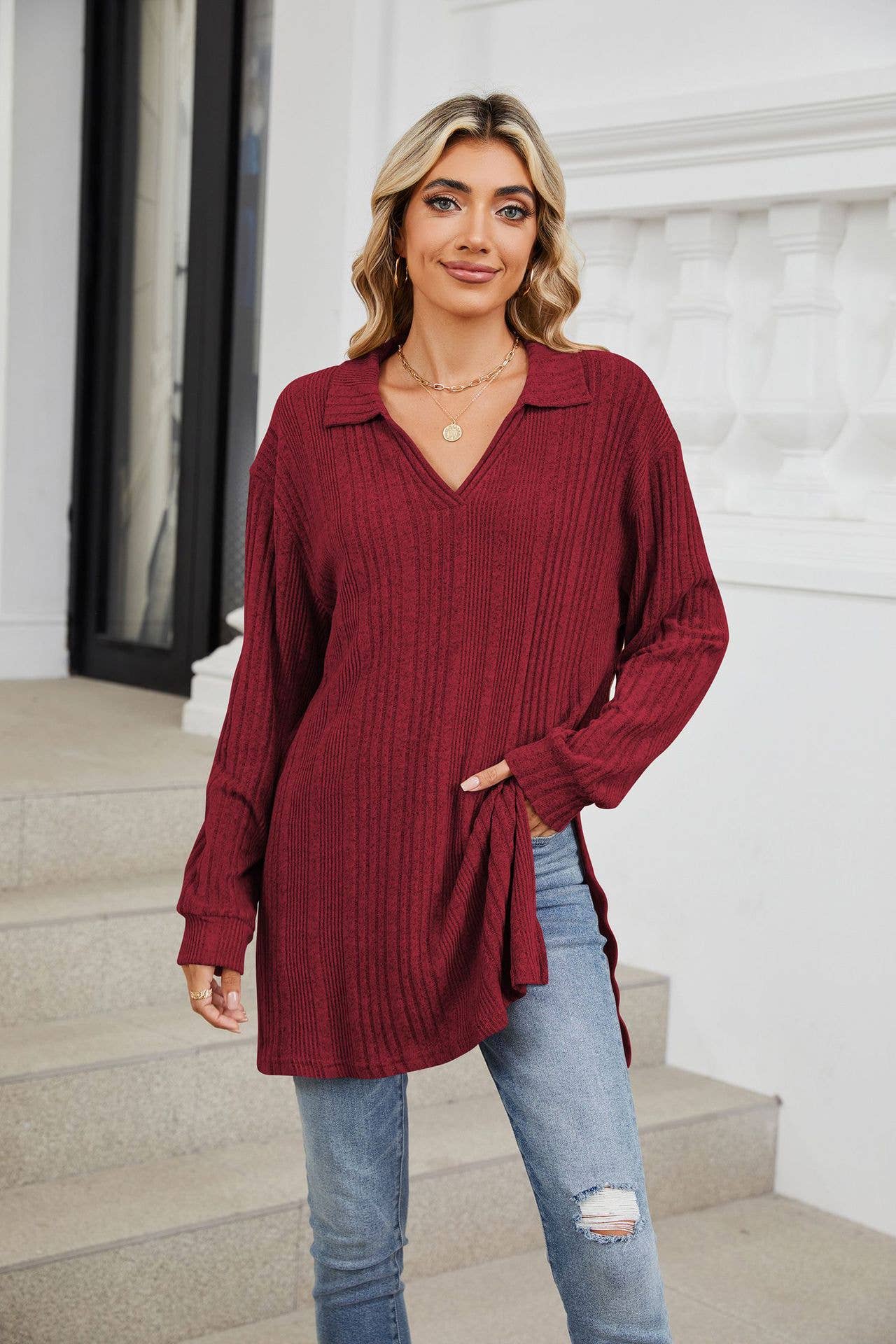 Solid-color V-neck long-sleeved loose slit Top