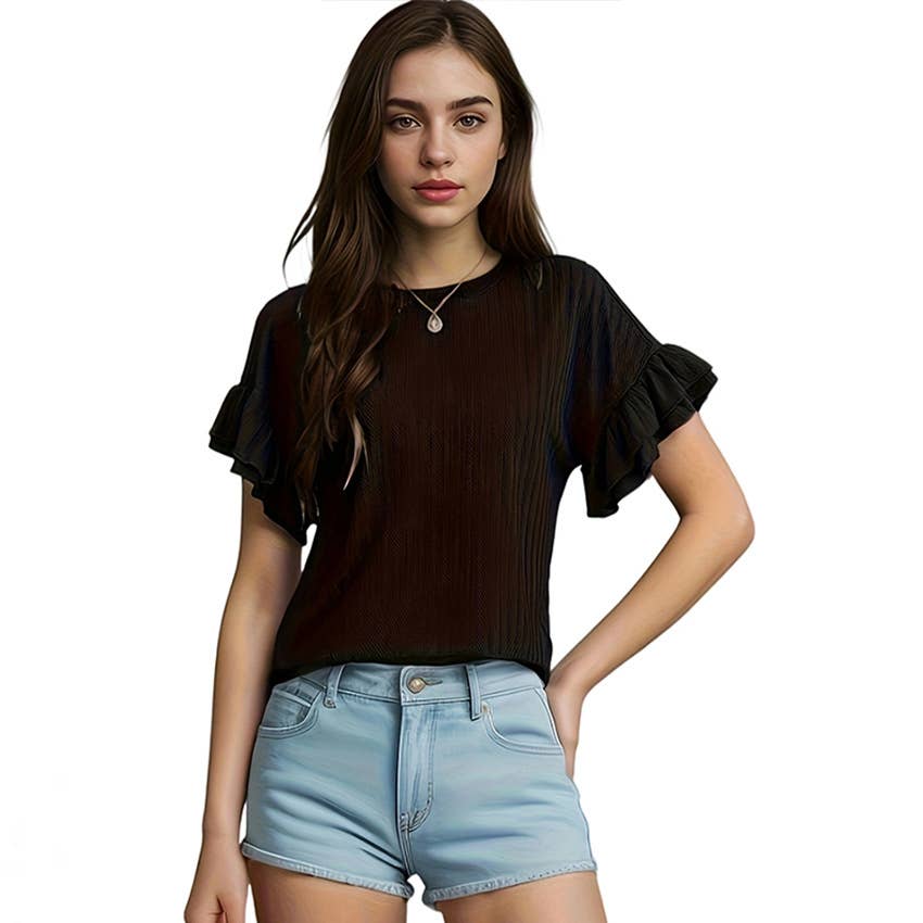 Round neck short sleeve T-shirt with lotus sleeves