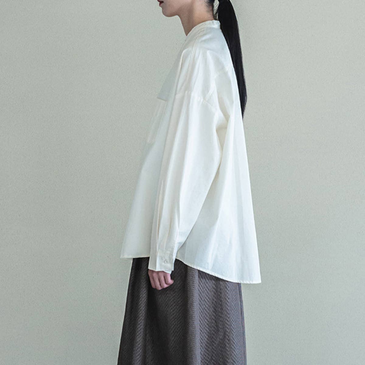 SOLID COLOR STAND COLLAR LOOSE COTTON SHIRT