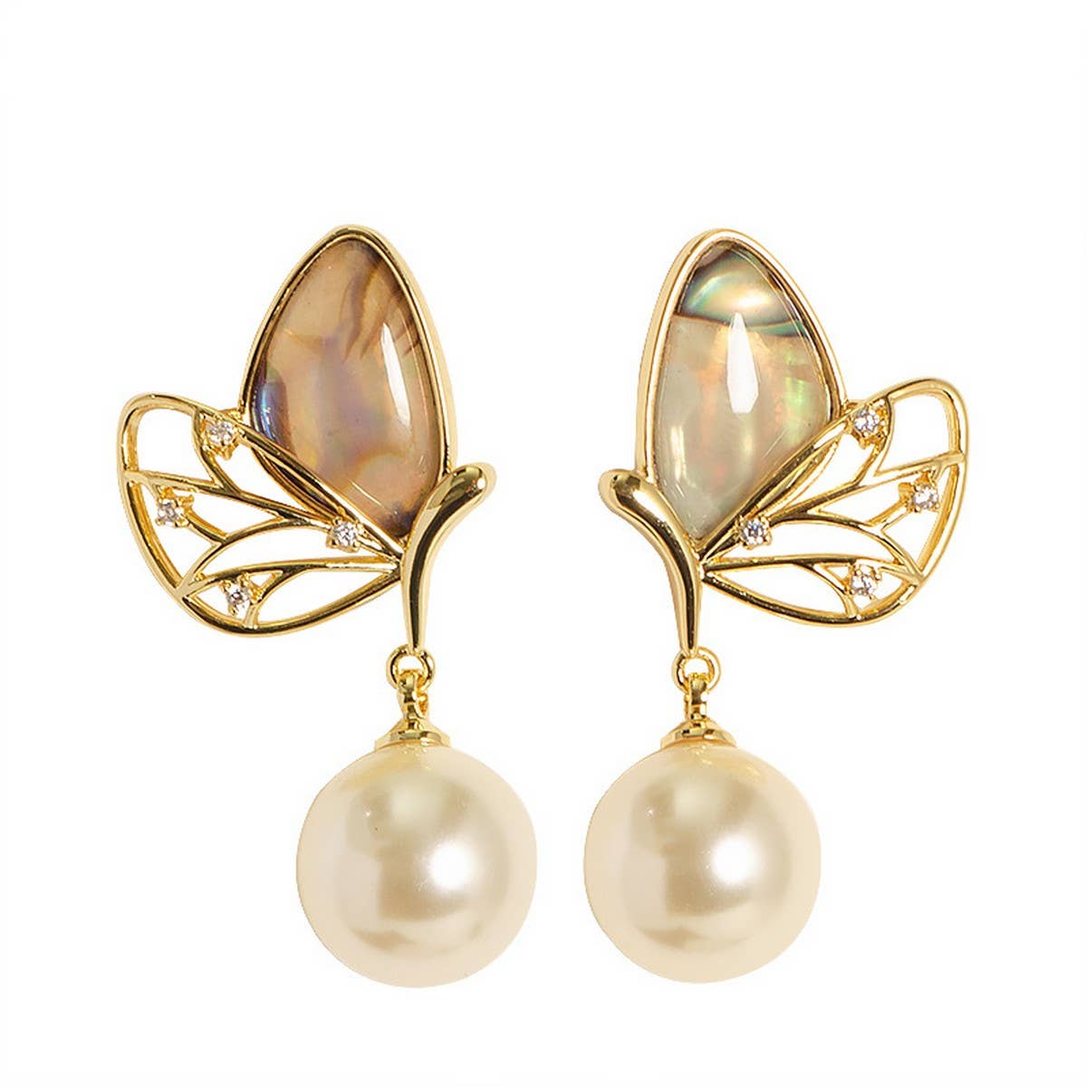 COLORFUL ABALONE DIAMOND BUTTERFLY PEARL EARRINGS
