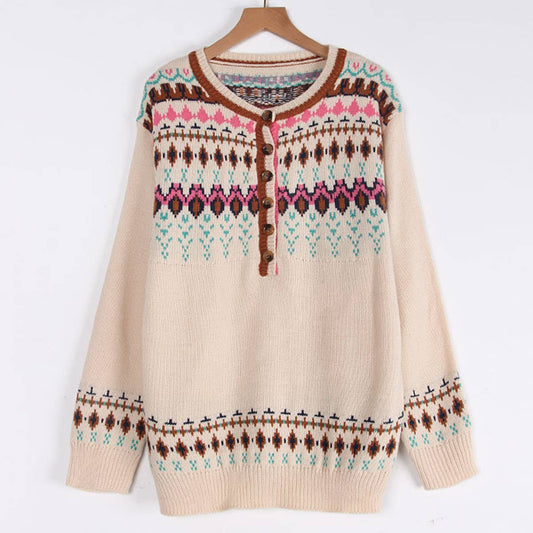 VINTAGE JACQUARD BUTTON PULLOVER SWEATER