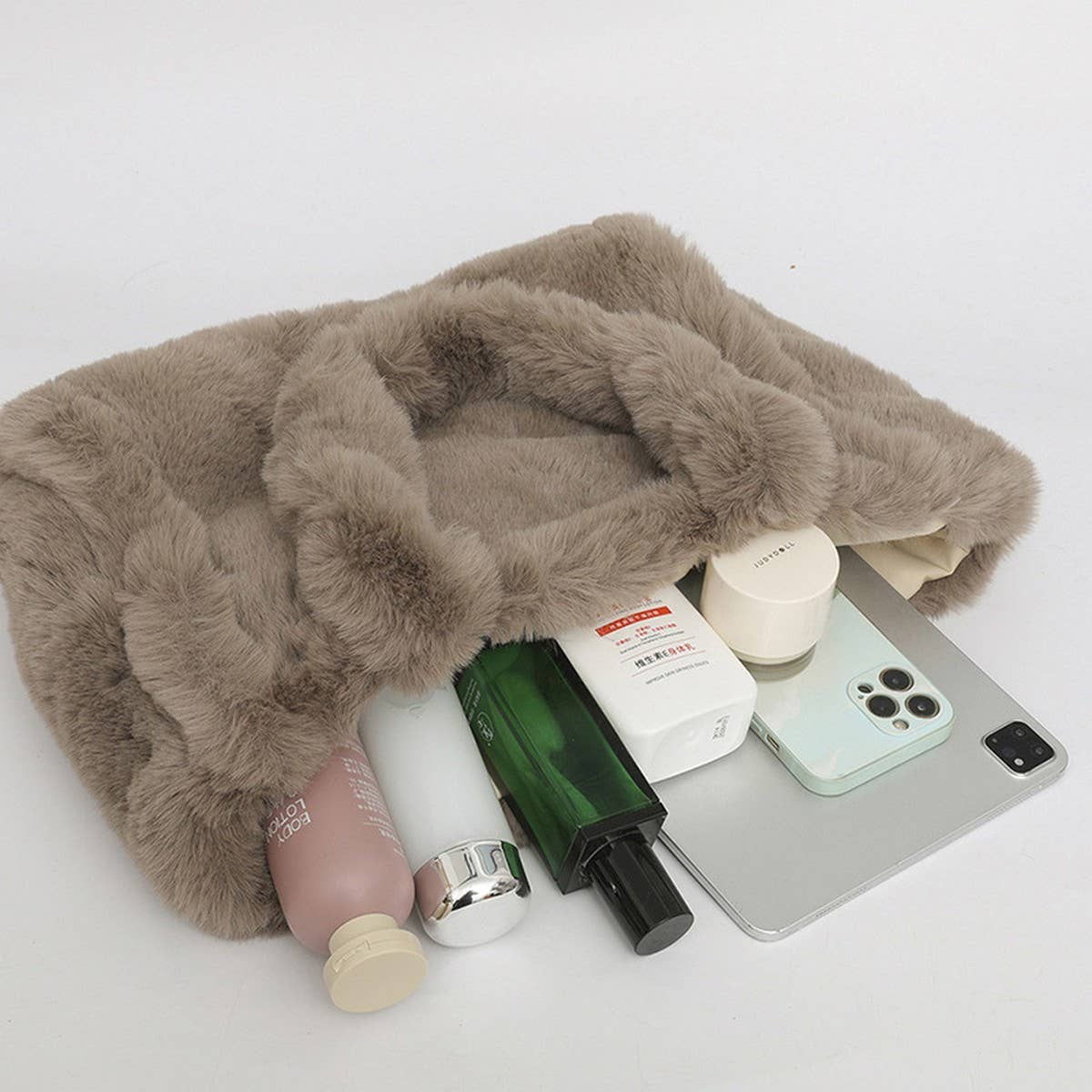 WINTER FASHION SPLICING HANDHELD SHOULDER PLUSH BAG_CWAB3940