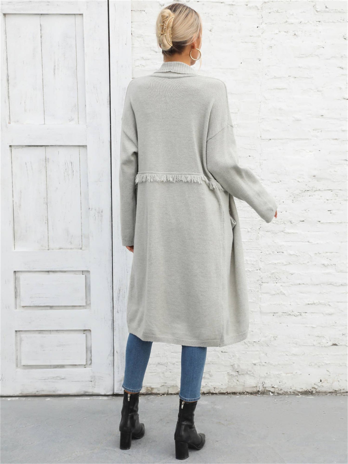LONG CARDIGAN POCKET STYLE FRINGE COAT SWEATER