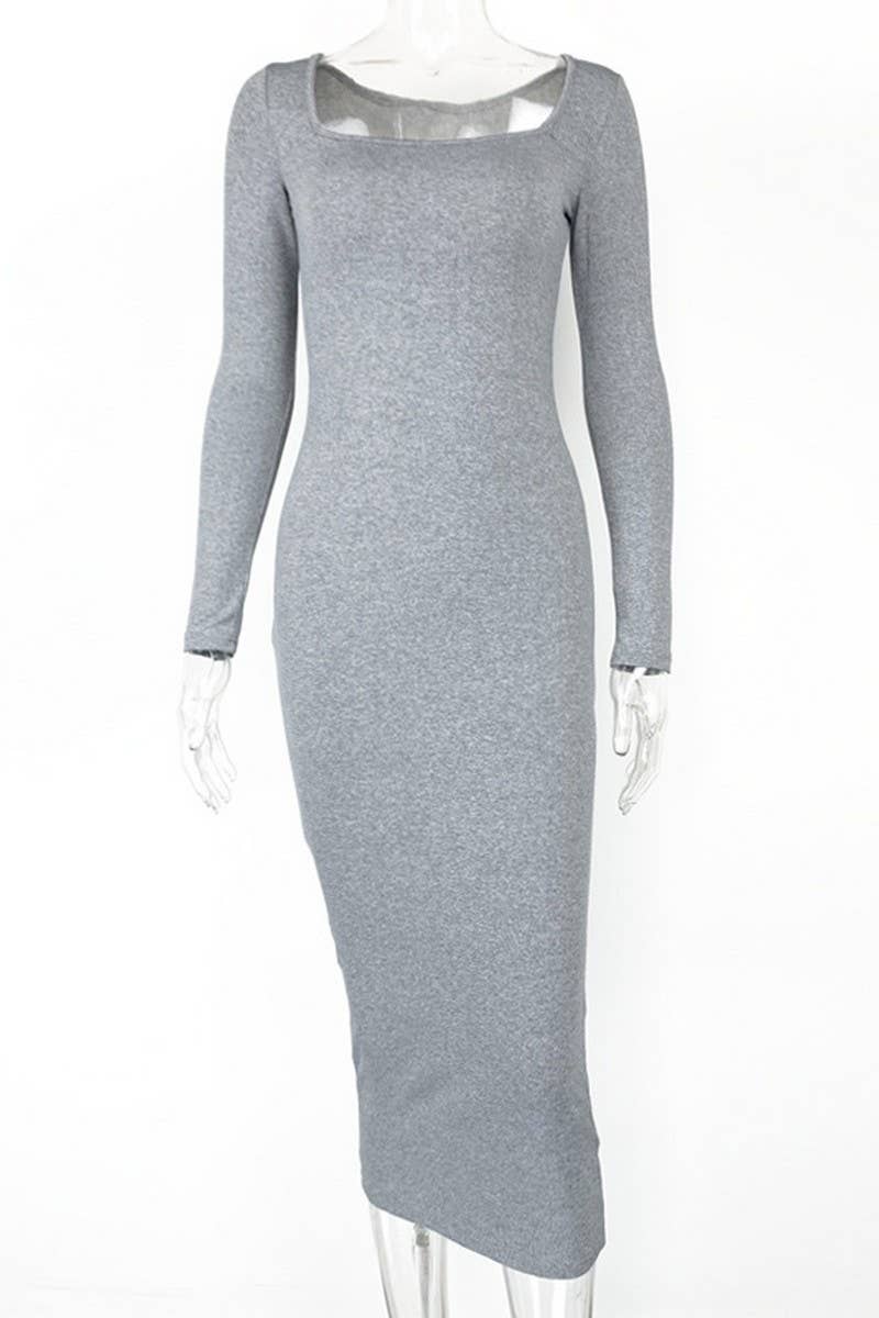 CWDMD4902_SOLID COLOR SLIM SQUARE NECK LONG SLEEVE DRESS
