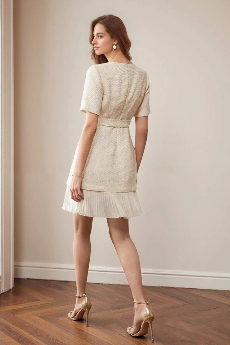 CWDSD8822_CREW NECK TWEED BUTTON TIE PLEATED DRESS