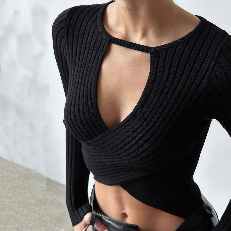 V-NECK LOW CUT THREAD FIT MIDRIFF LONG SLEEVE TOP