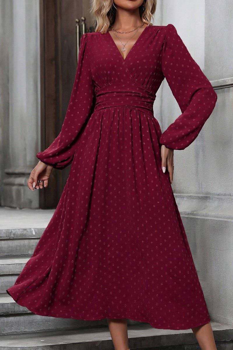 CWDMD3949_SLANTED NECK BALLOON SLEEVES PLEATED WAIST DRESS