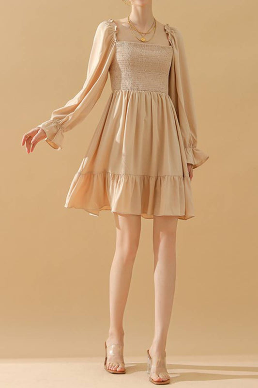 CWDSD10342_RUFFLE HIGH WAIST LONG SLEEVE CASUAL DRESS