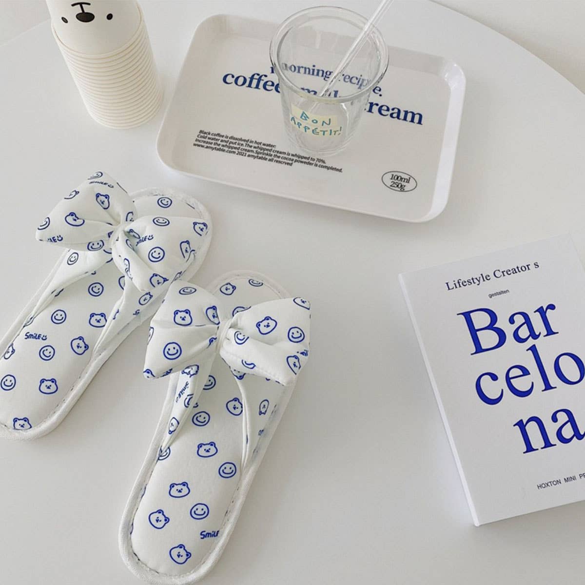 KLEIN BLUE SMILEY BEAR BOW SLIPPERS FOR WOMEN