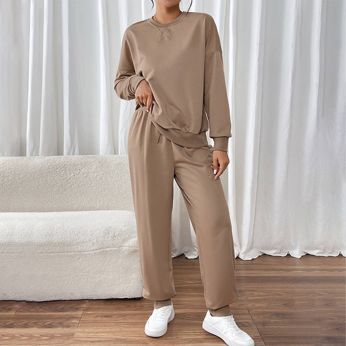 Solid color superior sense pullover hoodie pantsuit