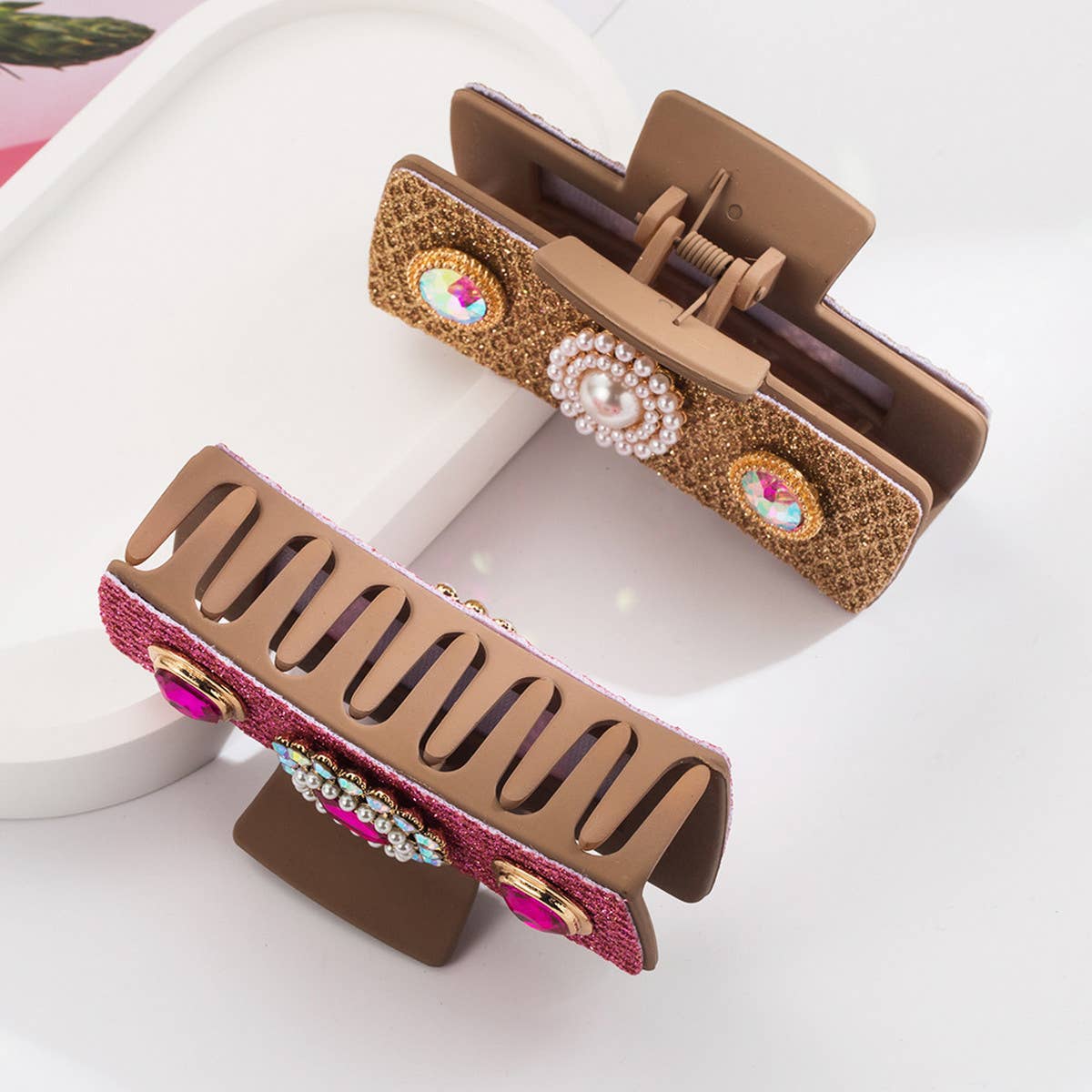 Vintage Pearl Turquoise Hair Claw Square Bun Clip_CWAHA1769