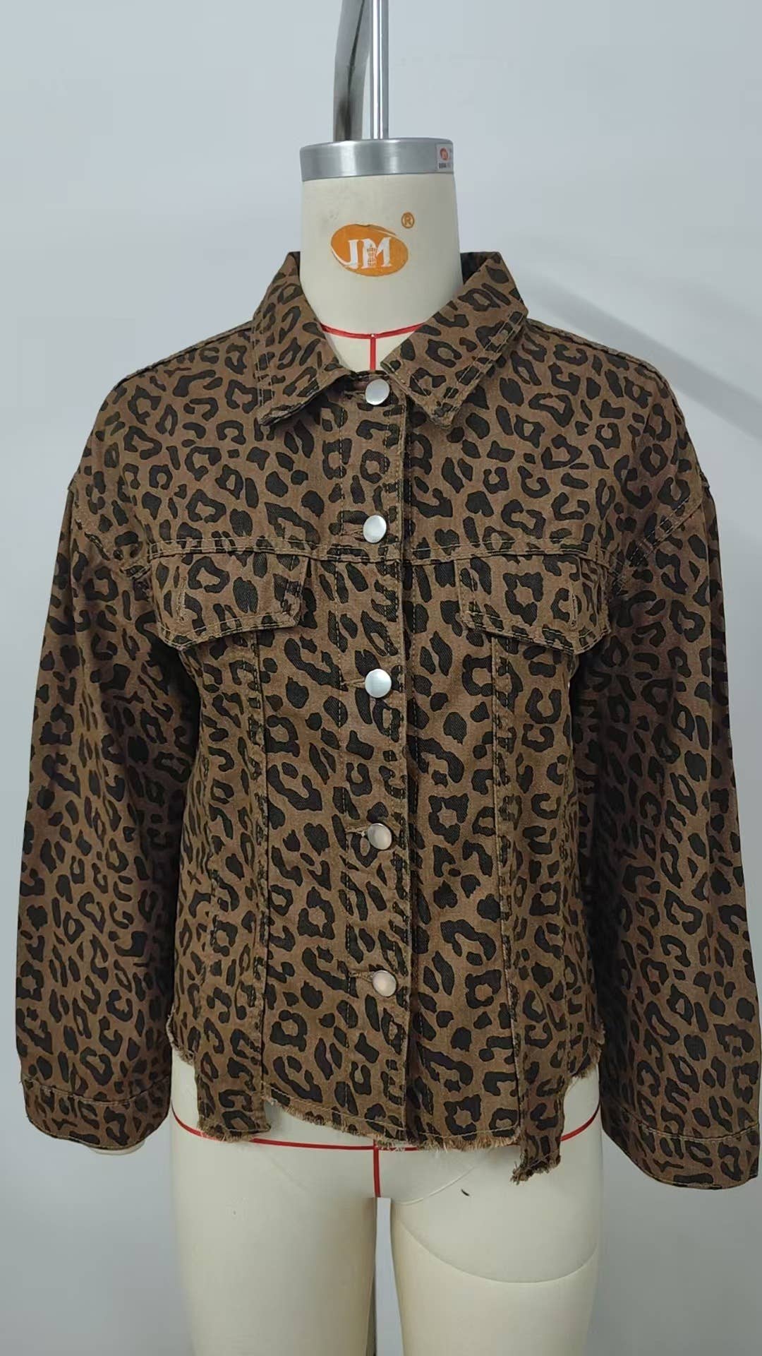 Street-style leopard print denim short jacket