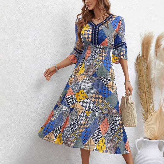 ETHNIC STYLE PRINT PLAID FASHION LONG DRESS