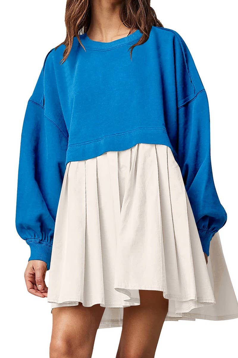 CWDSD10615_FAKE TWO-PIECE COLORBLOCK LOOSE PLEATED DRESS