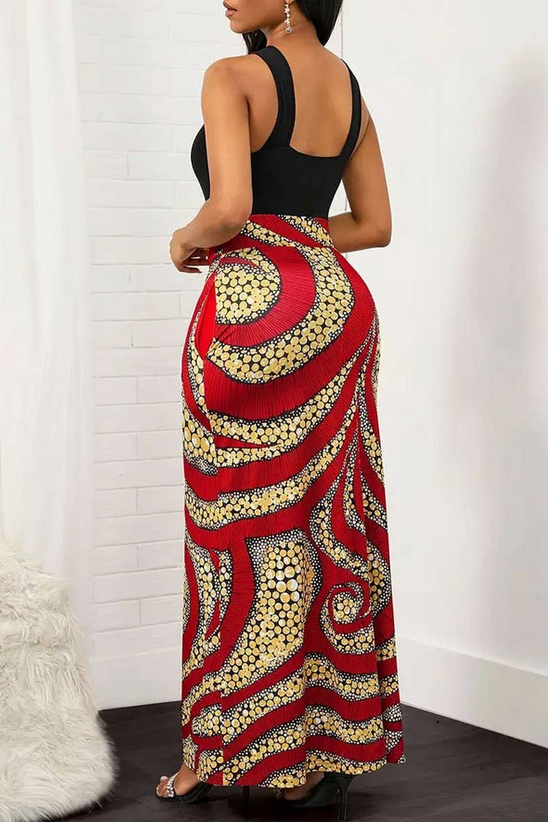 CWDMD5080_SUMMER TEMPERAMENT COLORBLOCK HALTER NECK DRESS