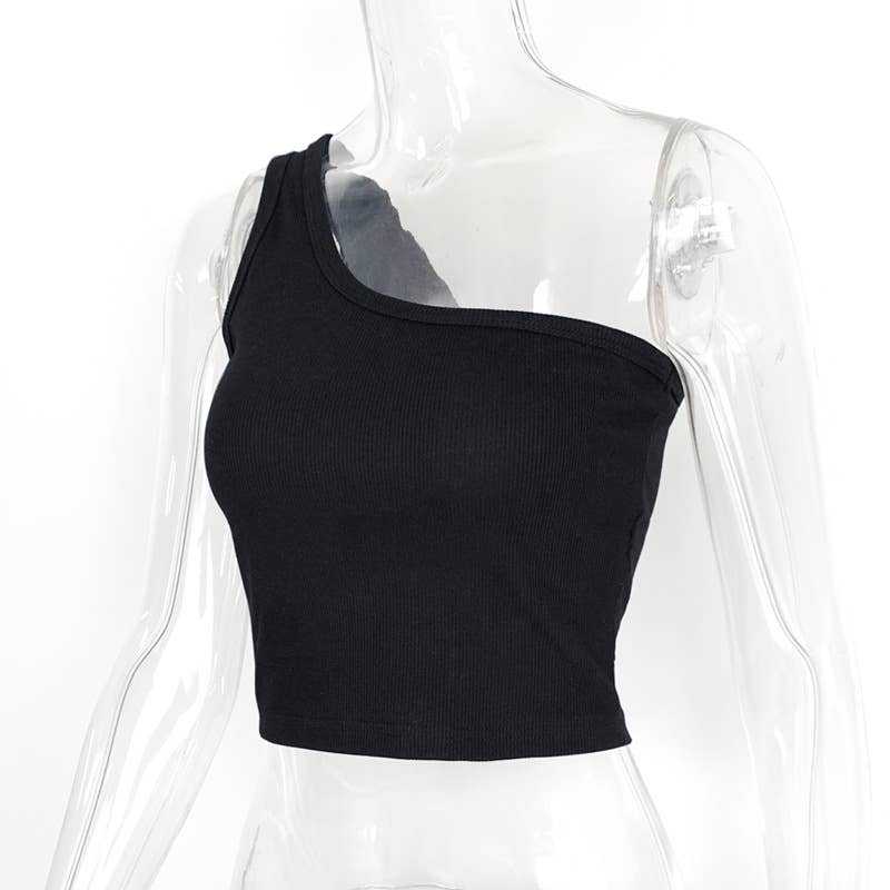 TRIM RIBBED TREND ONE-SHOULDER TANK TOP