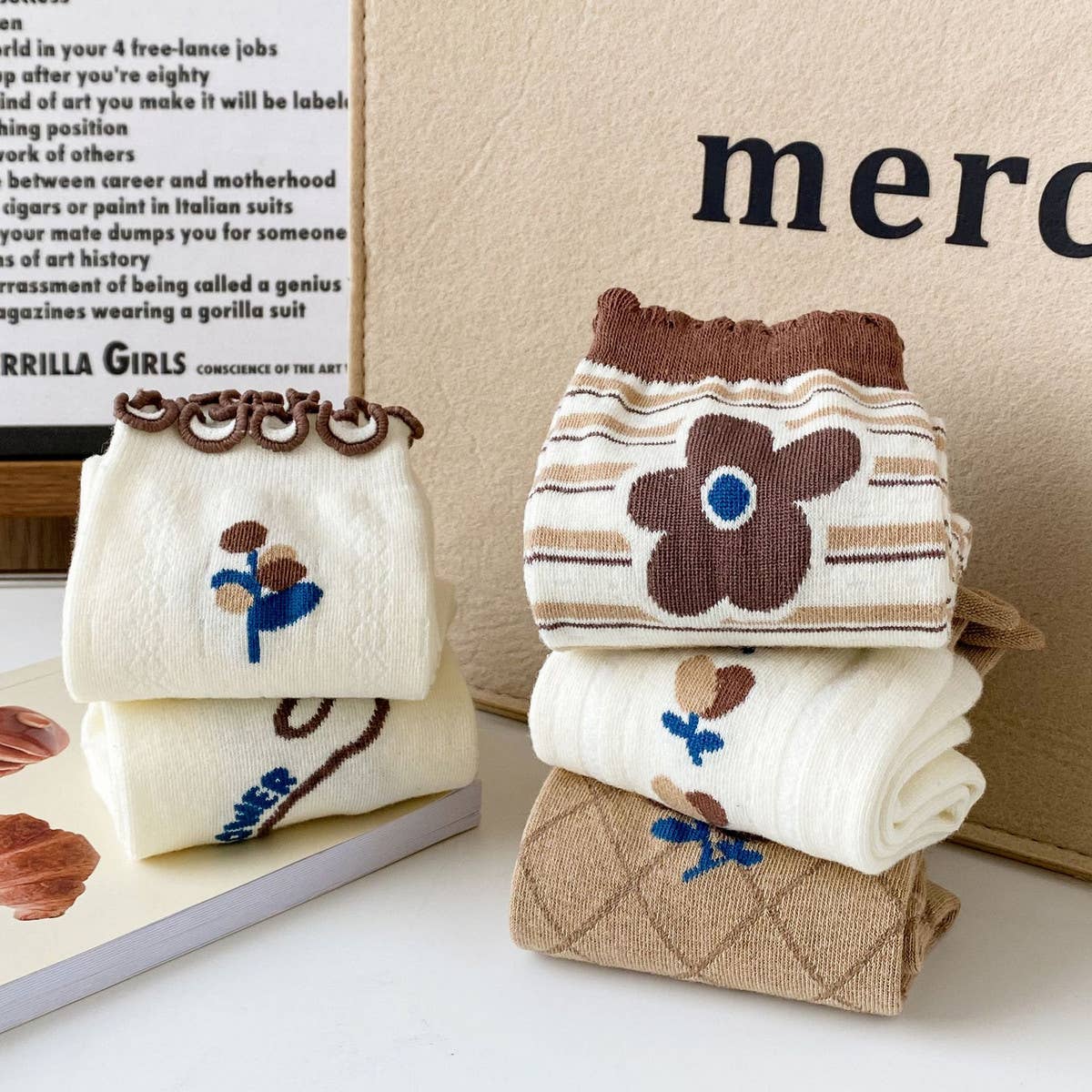 White coffee color Floral Print Crew Socks