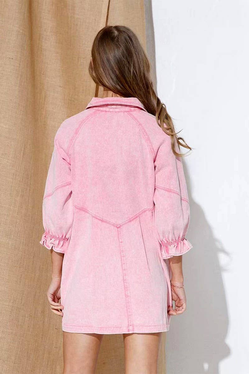 CWJT0026_CASUAL 3/4 SLEEVE BUTTON DOWN DENIM T-SHIRT DRESS