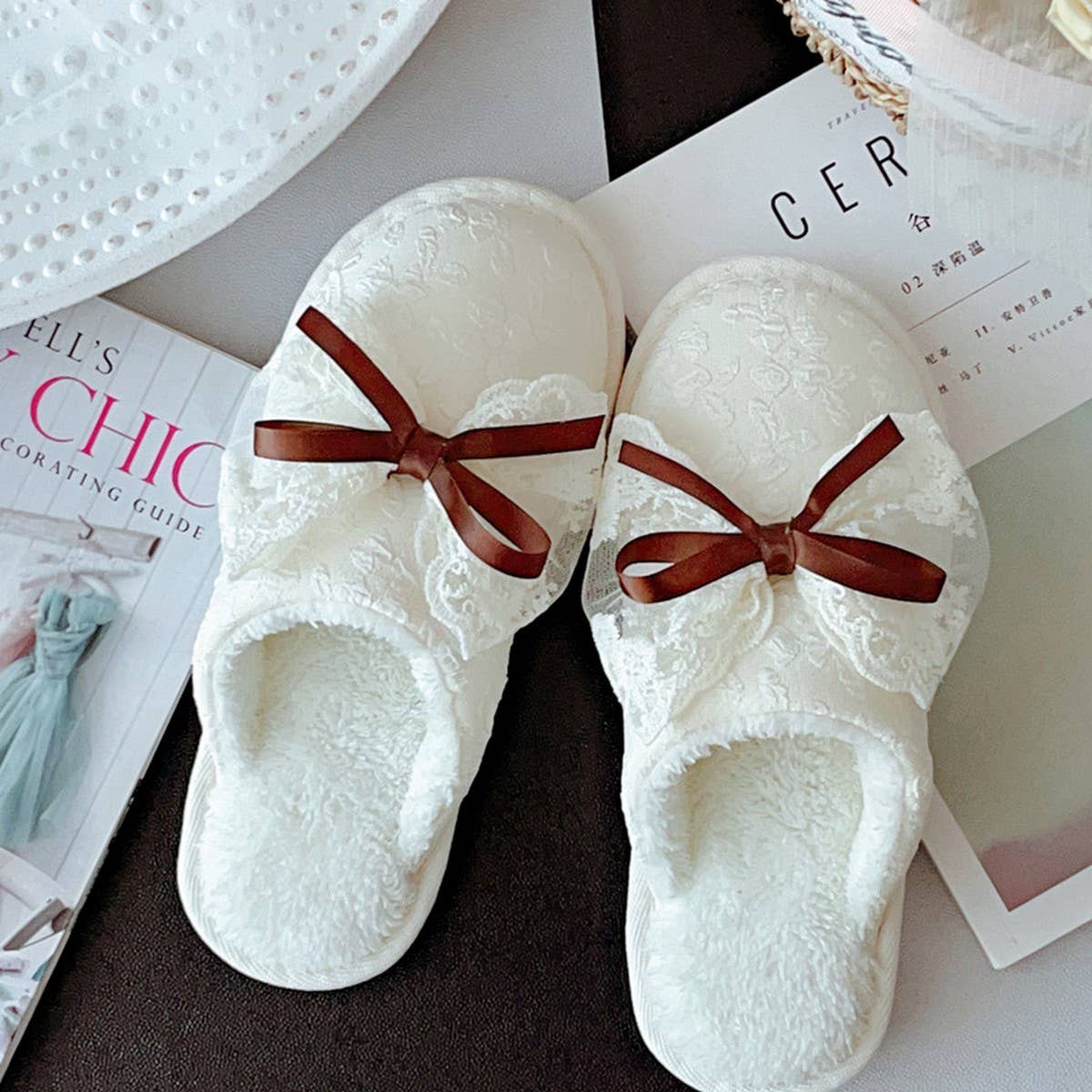 SWEET LACE BOWKNOT COTTON NON-SLIP SLIPPERS