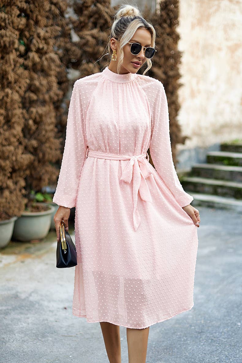 JACQUARD MESH LACE-UP WAIST ROUND NECK LONG DRESS